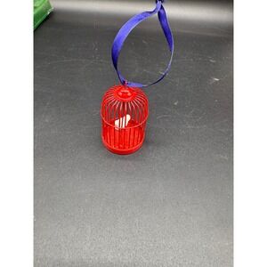 Vintage Red Birdcage‎ Ornament Metal Wire with White Clay Bird 1980s Christmas